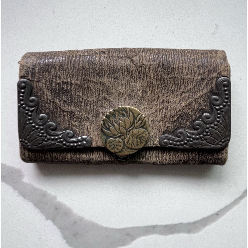 Antique‎ Art Nouveau Leather Billfold Wallet Purse Metal Lotus Clasp Vintage